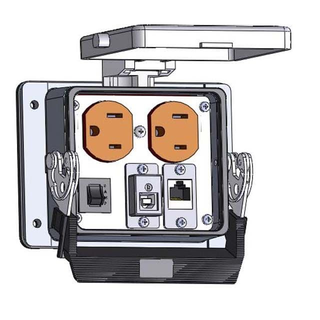 Mencom DP-RJ45S-USB-BFAF-R-32 Panel Interface Connector with Duplex outlet, shielded RJ45, USB-BFAF, and a 3amp reset, in a 32 housing DP-RJ45S-USB-BFAF-R-32 on Advantage Electric Supply