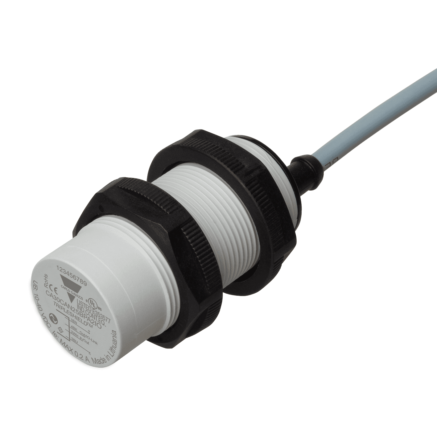 Carlo Gavazzi CA30CAN25BPA2IO Capacitive Proximity Sensor, Non-flush mountable, Sensing Range 25mm, Adjustable 4-30mm, Power Supply 10-40VDC, NPN/PNP Output, N.O./N.C., IO-Link, Cable PVC, Housing M30 x 61mm, 4th Generation Tripleshield, Improved EMC performances, ECOLAB, IP67 IP69K CA30CAN25BPA2IO on Advantage Electric Supply