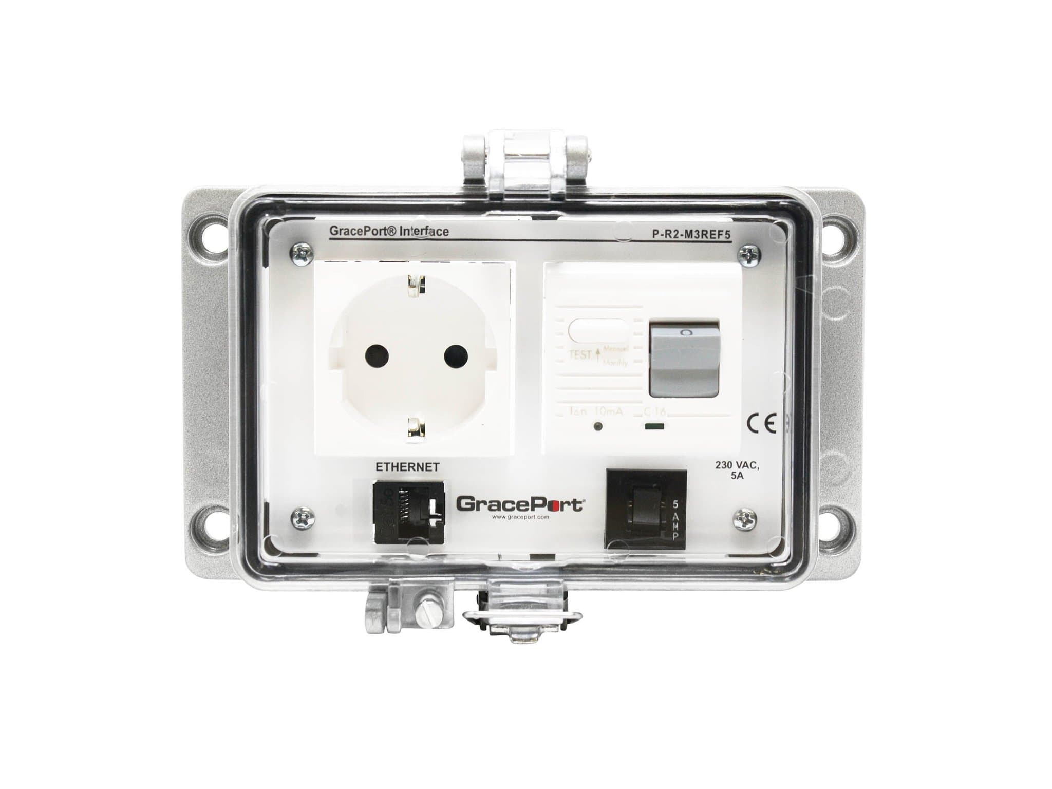 GRACE Engineered Products P-R2-M3REF5 Panel Interface Connector with Category 5e RJ45; Panel Mount Housing; UL Type 4; Continental European Outlet with GFCI; 5 Amp Circuit Breaker P-R2-M3REF5 on Advantage Electric Supply