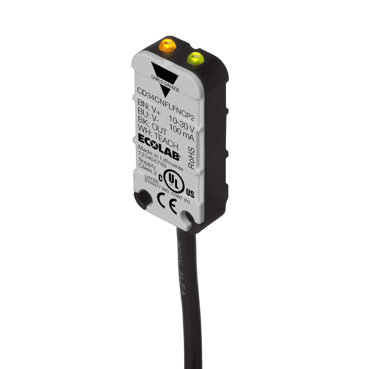 Carlo Gavazzi CD34CNFLFNCP2 Capacitive Level Sensor, Flush mountable, Water-based Liquids, Power Supply 10-30VDC, NPN Output, N.C, Cable PVC, Housing 8 x 16 x 34 mm, ECOLAB, IP65, IP66, IP67, IP68 and IP69K CD34CNFLFNCP2 on Advantage Electric Supply