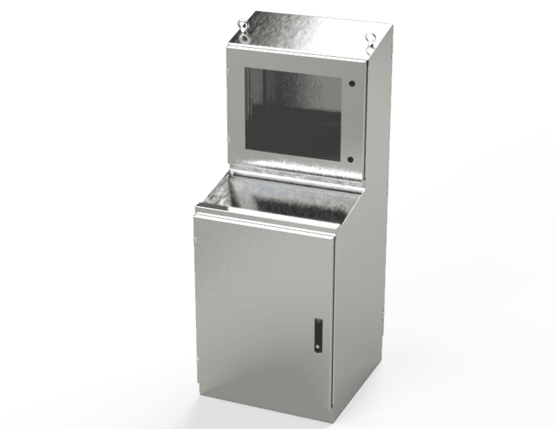 Saginaw Control SCE-66ST2626SSWS S.S. Workstation, Sloped Top, Height:65.59", Width:26.00", Depth:26.00", #4 brushed finish on all exterior surfaces. Optional sub-panels are powder coated white. SCE-66ST2626SSWS on Advantage Electric Supply