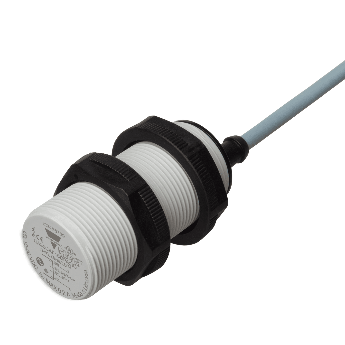 Carlo Gavazzi CA30CAF16BPA2IO Capacitive Proximity Sensor, Flush mountable, Sensing Range 16mm, Adjustable 2-20mm, Power Supply 10-40VDC, NPN/PNP Output, N.O./N.C., IO-Link, Cable PVC, Housing M30 x 61mm, 4th Generation Tripleshield, Improved EMC performances, ECOLAB, IP67 IP69K CA30CAF16BPA2IO on Advantage Electric Supply