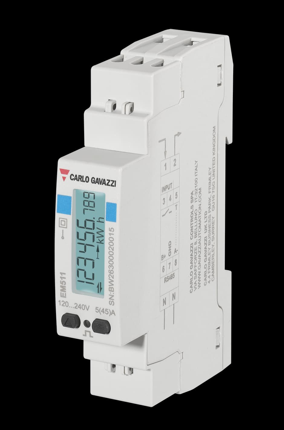 Carlo Gavazzi EM511DINAV81XS1X Single-Phase Energy analyzer, 120 to 240 V L-N, 5 (45) A, RS485 Modbus RTU + DIG INPUT EM511DINAV81XS1X on Advantage Electric Supply