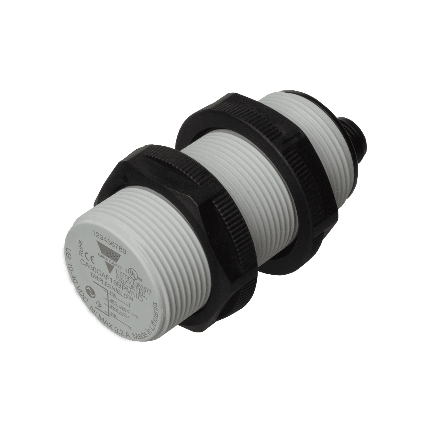 Carlo Gavazzi CA30CAF16BPM1IO Capacitive Proximity Sensor, Flush mountable, Sensing Range 16mm, Adjustable 2-20mm, Power Supply 10-40VDC, NPN/PNP Output, N.O./N.C., IO-L Connector M12, PVC, Housing M30 x 61mm, 4th Generation Tripleshield, Improved EMC performances, ECOLAB, IP67 IP69K CA30CAF16BPM1IO on Advantage Electric Supply