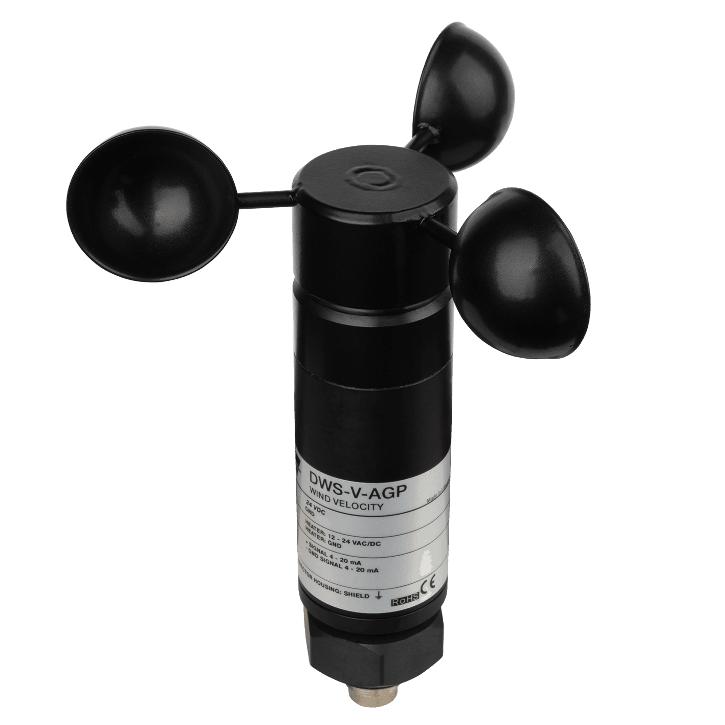 Carlo Gavazzi DWS-V-DAC13 Wind speed sensor; opto-electronic detection; 2 - 30 m/s measuring range; PNP and NPN outputs with 10 pulses per m/s; power supply 10 - 28Vdc; built-in heaters; PVC housing, stainless steel rotor; -20C - 60C operating temperature; IP54; 13m PVC cable DWS-V-DAC13 on Advantage Electric Supply