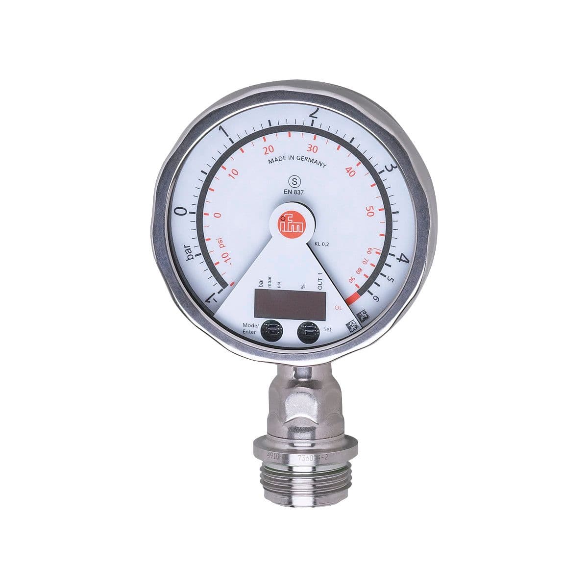 ifm Electronic PG2795 Flush pressure sensor with analog display, analog display, pressure switch and transmitter in one unit, Output signal: switching signal; analog signal; (configurable), Measuring range: -1...4 bar -14.5...58 psi, Process connection: threaded connection G 1 PG2795 on Advantage Electric Supply