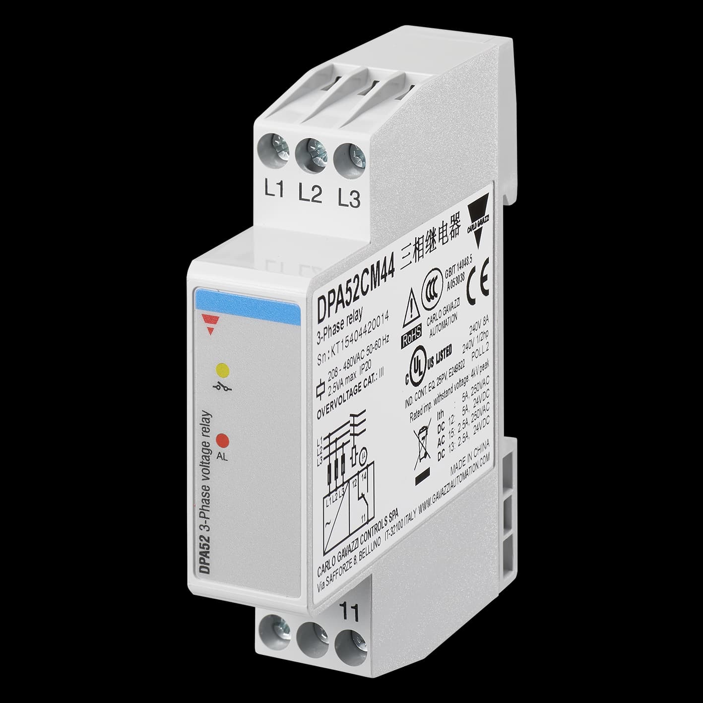 Carlo Gavazzi DPA52CM44 3-phase loss and sequence monitoring relay, nominal range 208-480 V AC, SPDT relay output, regenerated voltage detection, high harmonic immunity, 17.5 mm DIN-rail housing DPA52CM44 on Advantage Electric Supply