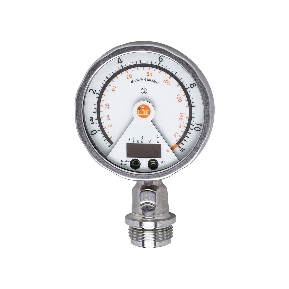 ifm Electronic PG2794 Flush pressure sensor with analog display, analog display, pressure switch and transmitter in one unit, Output signal: switching signal; analog signal; (configurable), Measuring range: -1...10 bar -14.5...145 psi, Process connection: threaded connection G PG2794 on Advantage Electric Supply