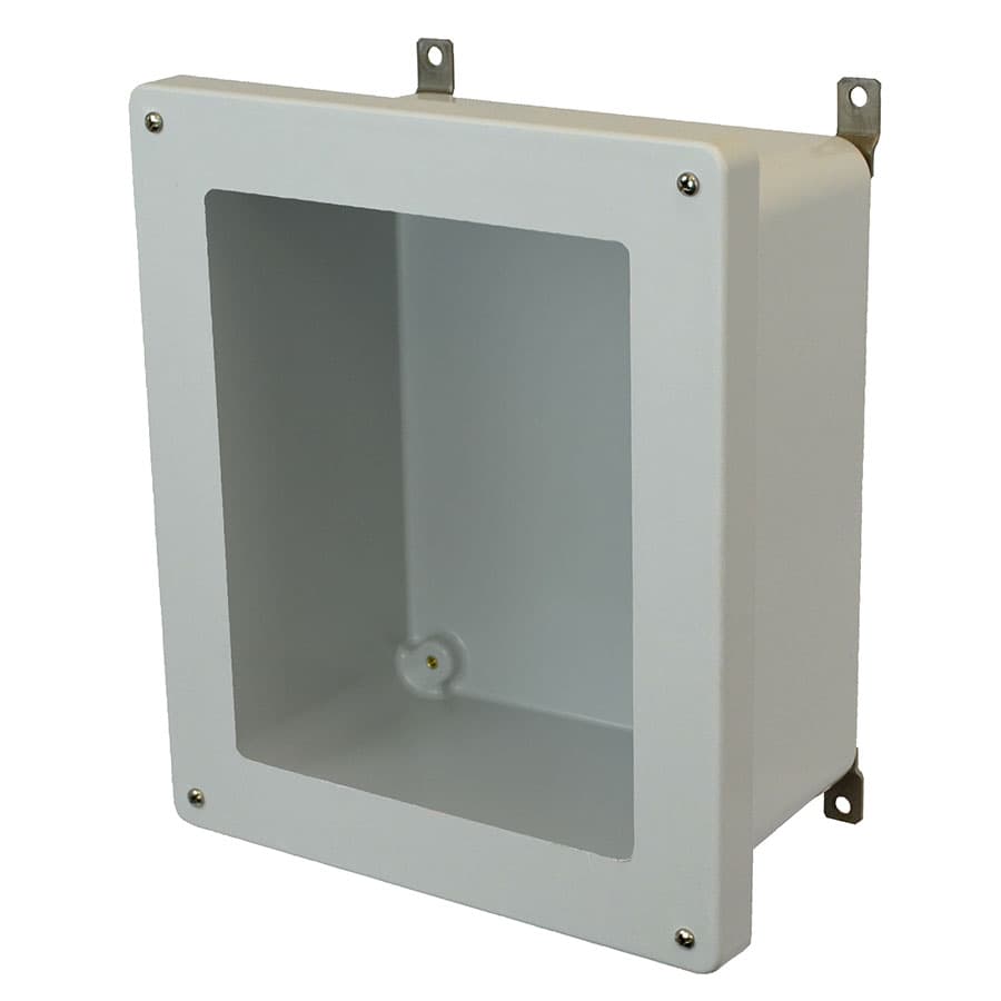 Allied Moulded Products AM1426W 14"x12"x6" AM Series Fiberglass wall mount enclosure assembly with 4-screw lift-off window cover AM1426W on Advantage Electric Supply