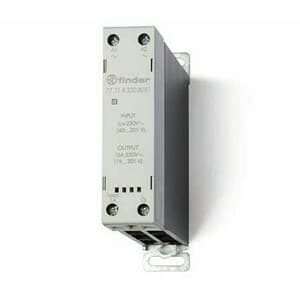 Finder 77.11.8.230.8251 Finder 77.11.8.230.8251 is a Solid State Relay (SSR) designed for modular DIN rail mount applications. It features a single Normally Open (NO) circuit with a box-clamp connection type. The rated current is 20A for 230Vac under AC-1 conditions, 15A for 230Vac under AC-15 conditions, and also 20A for 230Vac under AC-7 design criteria. This SSR operates with a Single Pole Single Throw - Normally Open (SPST-NO) configuration. It can withstand temperatures ranging from -20 to +80 degrees Celsius and offers a degree of protection classified as IP20. The rated impulse voltage (Uimp) is 230Vac, with a pole length of 104.5 mm, protection functions rated at 6 kV, and a rated insulation voltage (Ui) of 22.5 mm. The net depth is specified for 1 Pole(s) at 120.3 mm. The technology used in this component supports 230Vac (50Hz/60Hz) operations. The UPC code indicates DIN rail compatibility, and it features a random switching capability for AC fine-control switching. The color of the product is not specified. 77.11.8.230.8251 on Advantage Electric Supply