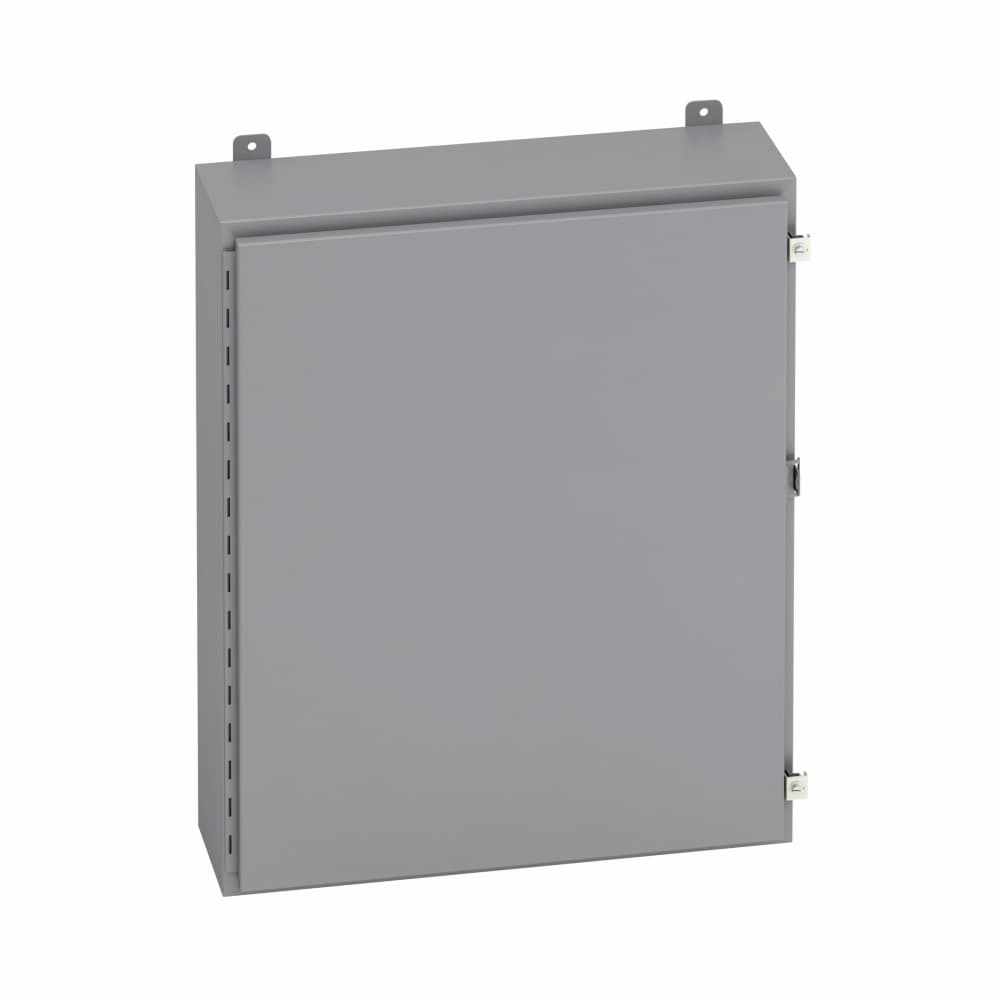 Eaton 16166-12 Eaton B-Line series wall mounted panel enclosure, 16" height, 6" length, 16" width, NEMA 12, Hinged cover, 12 enclosure, Wall mount, Small single door, External mounting feet, Carbon steel, Seamless poured in-place gasket 16166-12 on Advantage Electric Supply