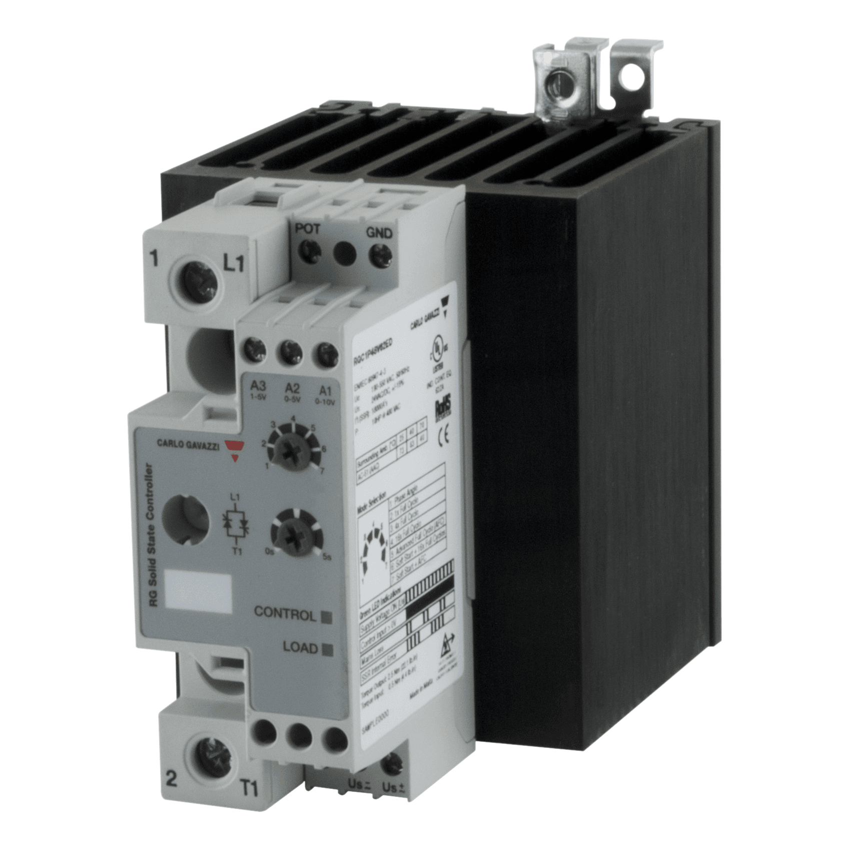 Carlo Gavazzi RGC1P23V50ED 1-pole DIN-rail mount SSR, Proportional control, Operating voltage (Ue): 85 - 265 Vac (800 Vp), Rated current (Ie): 50 Aac, Input: 0 -10 / 0 - 5 / 1 - 5 Vdc, External supply: 24 Vdc/Vac, Built-in overvoltage protection RGC1P23V50ED on Advantage Electric Supply