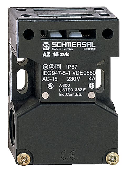 Schmersal AZ 15 ZVK-M20 Safety switch with separate actuator; 3 cable entries M 20 x 1.5; Thermoplastic enclosure; Double-insulated; Long life; 52 mm x 75 mm x 30 mm; Universal coding; Large wiring compartment; High level of contact reliability with low voltages and currents; Sl AZ 15 ZVK-M20 on Advantage Electric Supply