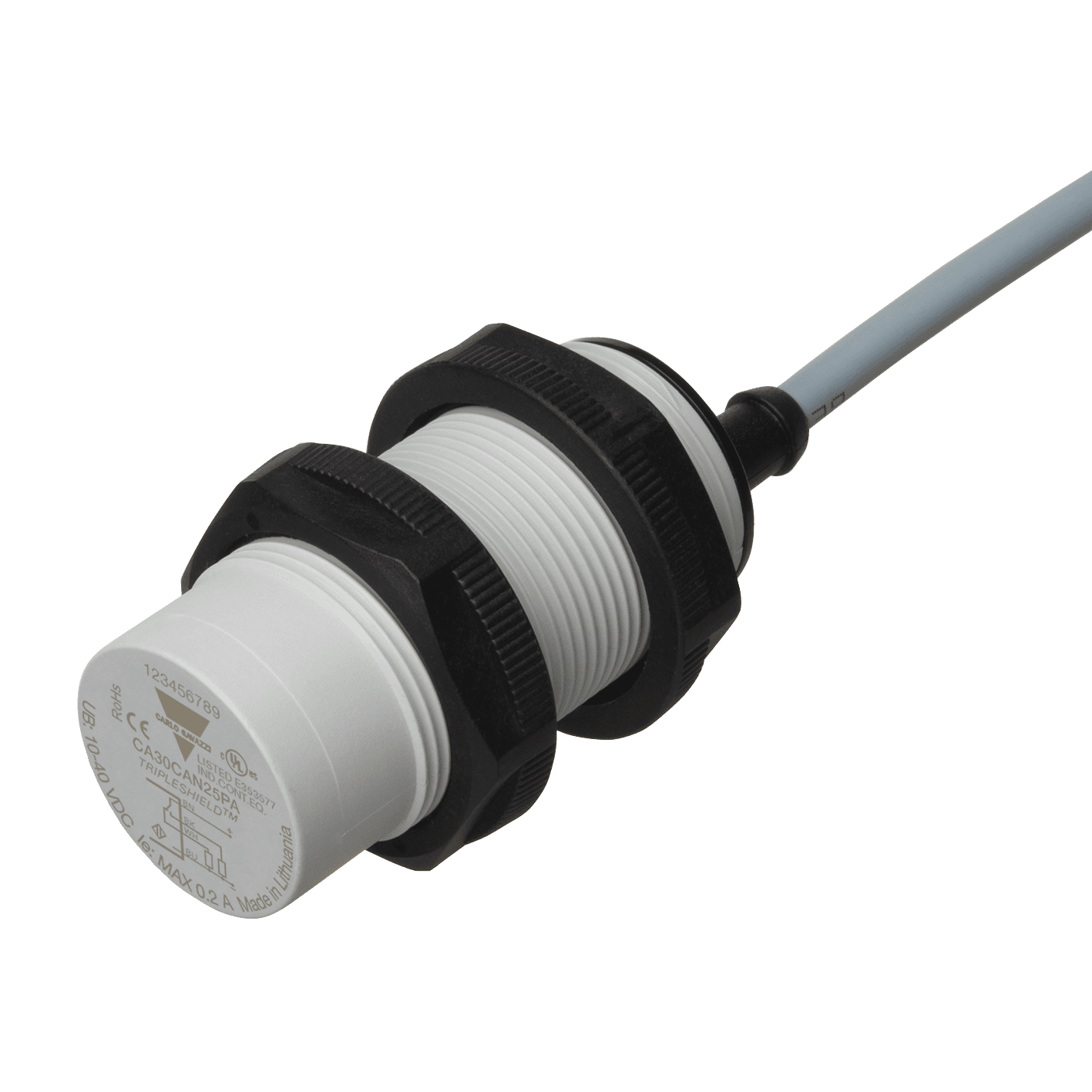 Carlo Gavazzi CA30CAN25PA Capacitive Proximity Sensor, Non-flush mountable, Sensing Range 25mm, Adjustable 4-30mm, Power Supply 10-40VDC, PNP Output, N.O. and N.C., Cable PVC, Housing M30 x 62,5mm, 4th Generation Tripleshield, Improved EMC performances, ECOLAB, IP67 IP68 IP69K CA30CAN25PA on Advantage Electric Supply