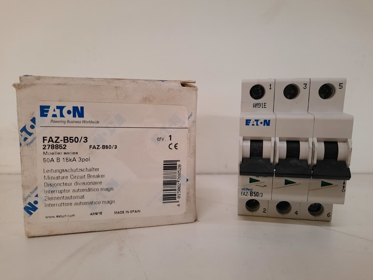 Eaton FAZ-B50/3 Eaton FAZ supplementary protector,UL 1077 Industrial miniature circuit breaker - supplementary protector,Low levels of inrush current are expected,50 A,15 kAIC,Three-pole,3-5X /n,50-60 Hz,Standard terminals,B Curve FAZ-B50/3 on Advantage Electric Supply