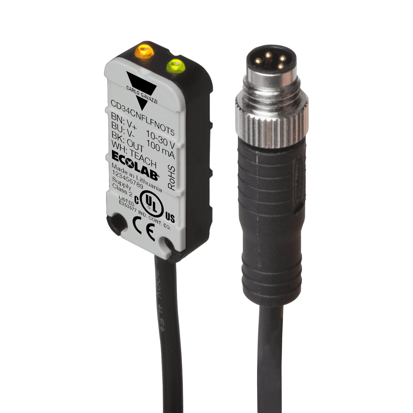 Carlo Gavazzi CD34CNFLFNOT5 Capacitive Level Sensor, Flush mountable, Water-based Liquids, Power Supply 10-30VDC, NPN Output, N.O, M8 Pig-tail PVC, Housing 8 x 16 x 34 mm, ECOLAB, IP65, IP66, IP67, IP68 and IP69K CD34CNFLFNOT5 on Advantage Electric Supply