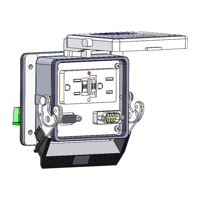 Mencom DHGF-DB9-MDB9-32 Panel Interface Connector with GFCI outlet, 9 pin D-sub female exterior configured for Data Highway connection, 9 pin D-sub male exterior, in a 32 housing DHGF-DB9-MDB9-32 on Advantage Electric Supply