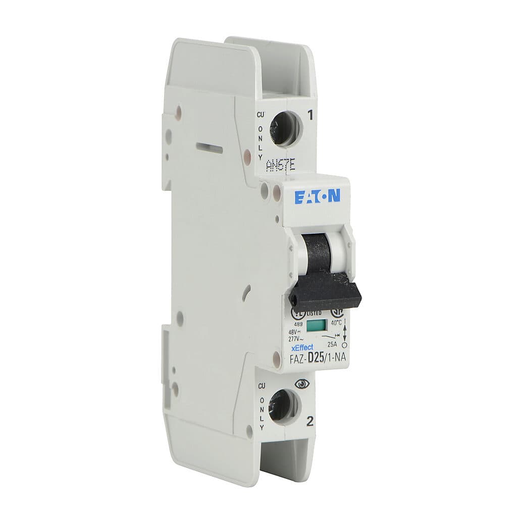 Eaton FAZ-D25/1-NA-SP Eaton FAZ branch protector,UL 489 Industrial miniature circuit breaker - supplementary protector,Single package,High levels of inrush current are expected,25 A,10 kAIC,Single-pole,277 V,10-20X /n,Q38,50-60 Hz,Screw terminals,D Curve FAZ-D25/1-NA-SP on Advantage Electric Supply