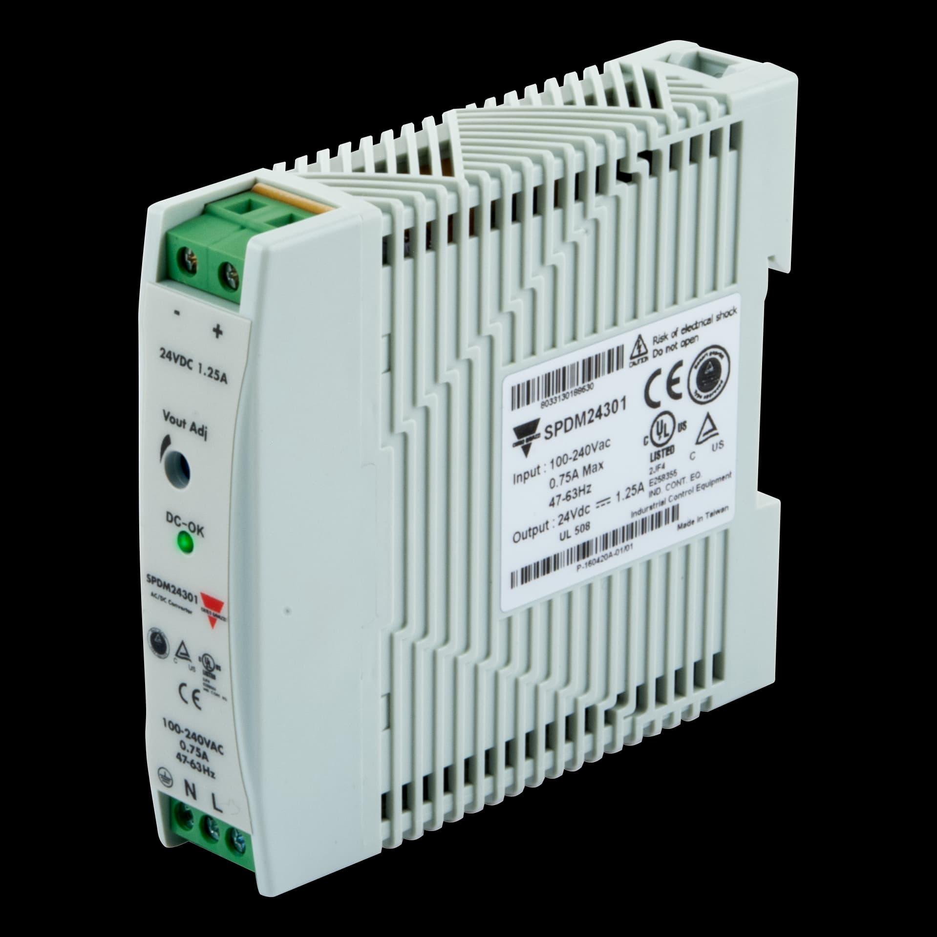 Carlo Gavazzi SPDM24301 Switching Power Supply, Medium Compact, AC/DC, 30W, 24V, Screw Terminals, IP20, DIN-Rail Mounting, Over-load, Over-voltage and Short-circuit Protections, 22.5x90x100mm plastic housing SPDM24301 on Advantage Electric Supply
