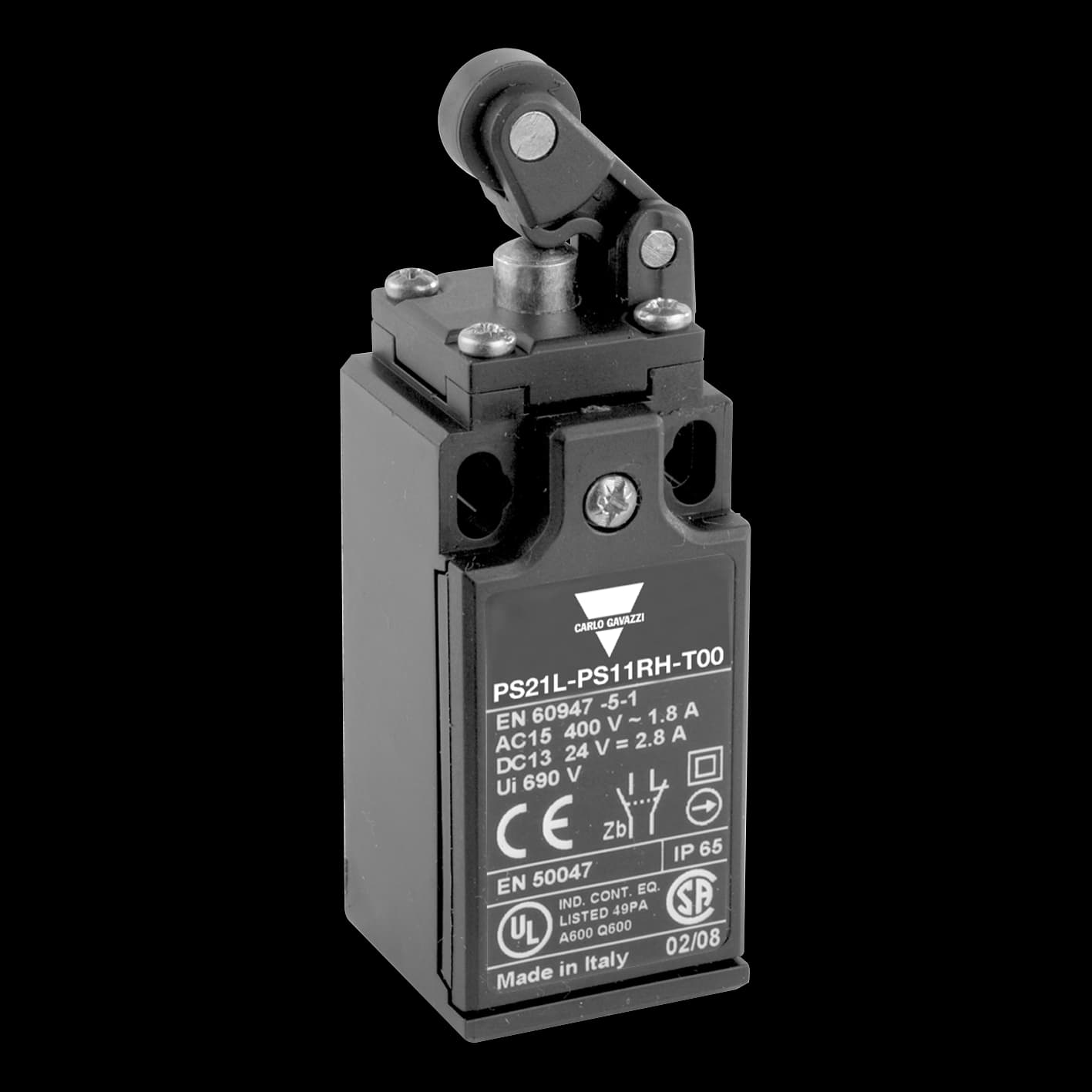 Carlo Gavazzi PS21L-NS11RH-T00 Electromechanical limit switch; plastic roller lever on metal plunger; left displacement; 30x30mm plastic housing; 1NO+1NC snap-on contacts; 1/2 NPT cable gland; IP65; -25 - +70C operating temperature PS21L-NS11RH-T00 on Advantage Electric Supply