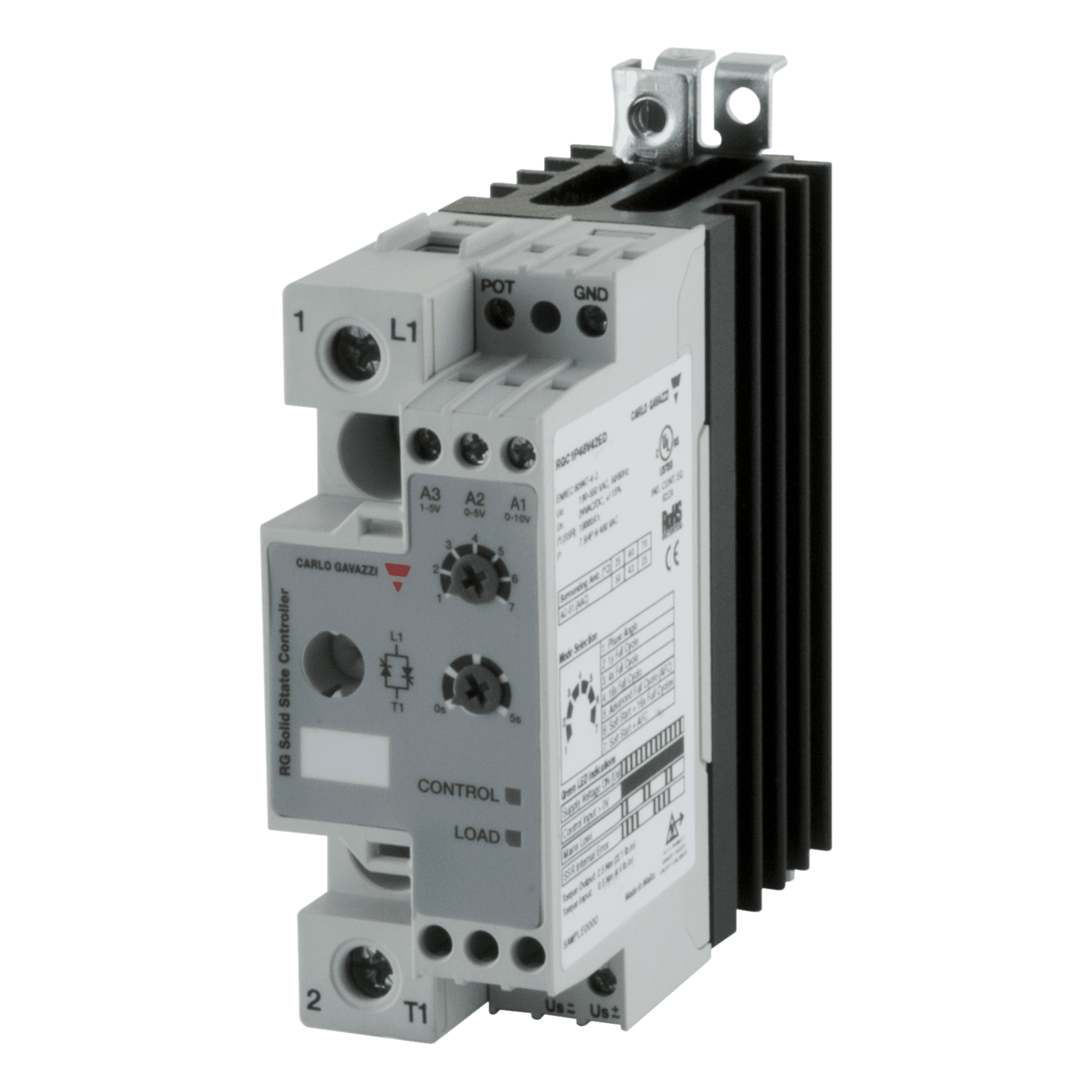 Carlo Gavazzi RGC1P23V42ED 1-pole DIN-rail mount SSR, Proportional control, Operating voltage (Ue): 85 - 265 Vac (800 Vp), Rated current (Ie): 43 Aac, Input: 0 -10 / 0 - 5 / 1 - 5 Vdc, External supply: 24 Vdc/Vac, Built-in overvoltage protection RGC1P23V42ED on Advantage Electric Supply