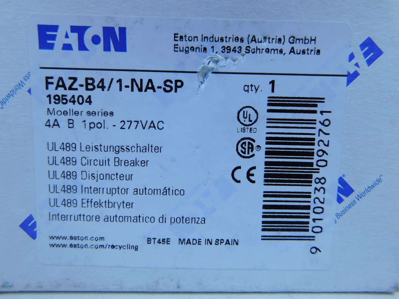 Eaton FAZ-B4/1-NA-SP Eaton FAZ-B4/1-NA-SP Miniature Circuit Breakers (MCBs) FAZ 1P 4A 277V 50/60Hz 1Ph FAZ-B4/1-NA-SP on Advantage Electric Supply