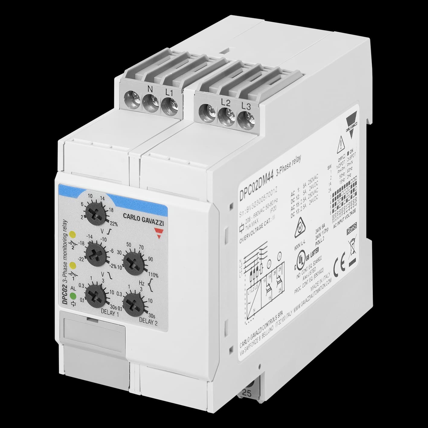 Carlo Gavazzi DPC02DM48 3-phase monitoring relay for phase loss, sequence, over and undervoltage, over and underfrequency, nominal range 380-480 V AC, delay on alarm 0.1-30 s, 2 SPDT relay outputs, 45 mm DIN-rail housing DPC02DM48 on Advantage Electric Supply