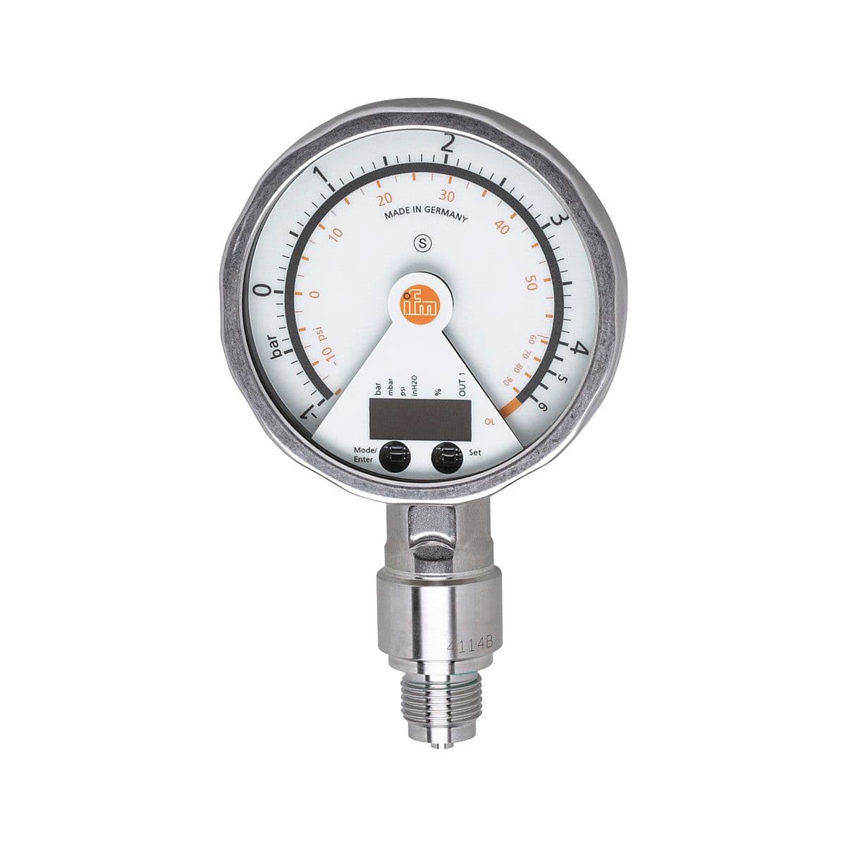 ifm Electronic PG2455 Pressure sensor with analog display, analog display, pressure switch and transmitter in one unit, Output signal: switching signal; analog signal; (configurable), Measuring range: -1...4 bar -14.5...58 psi, Process connection: threaded connection G 1/2 ext PG2455 on Advantage Electric Supply