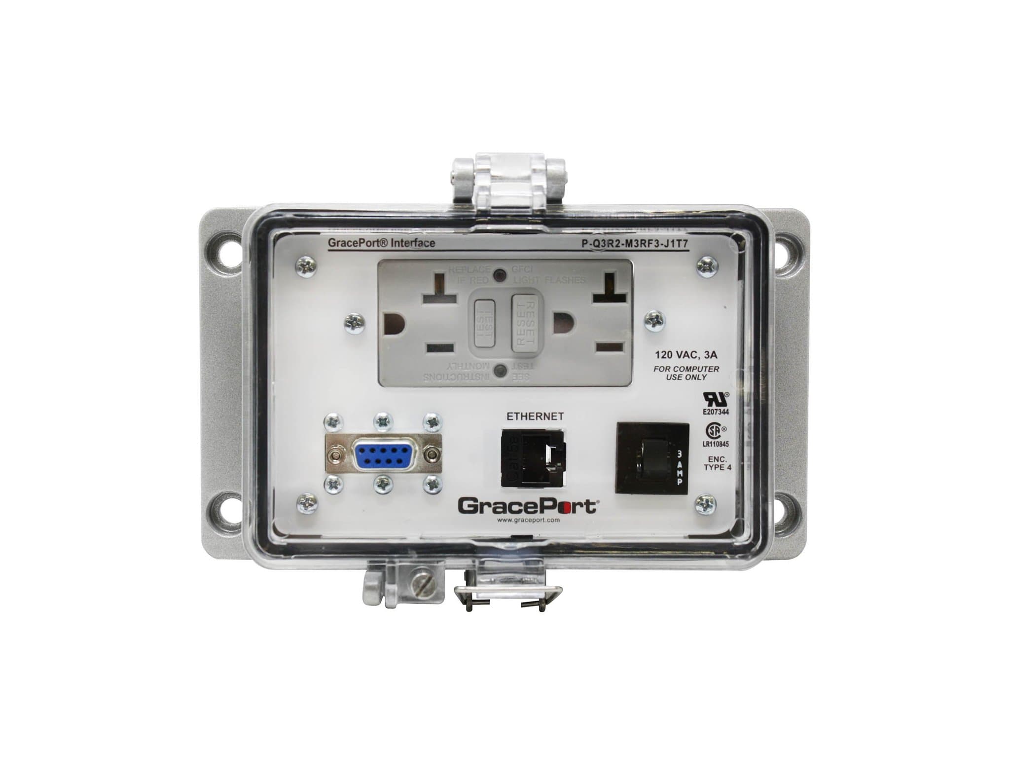 GRACE Engineered Products P-Q3R2-M3RF3-J1T7 Panel Interface Connector with DB-9 F/F; Category 5e RJ45; Panel Mount Housing with Special Holes and Jumper Cable; GFCI Duplex Inside-Outlet; 3 Amp Circuit Breaker P-Q3R2-M3RF3-J1T7 on Advantage Electric Supply