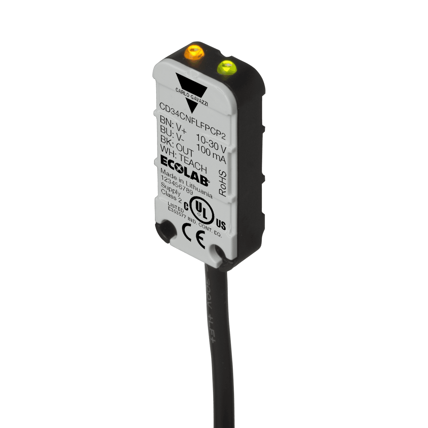 Carlo Gavazzi CD34CNFLFPCP2 Capacitive Level Sensor, Flush mountable, Water-based Liquids, Power Supply 10-30VDC, PNP Output, N.C, Cable PVC, Housing 8 x 16 x 34 mm, ECOLAB, IP65, IP66, IP67, IP68 and IP69K CD34CNFLFPCP2 on Advantage Electric Supply
