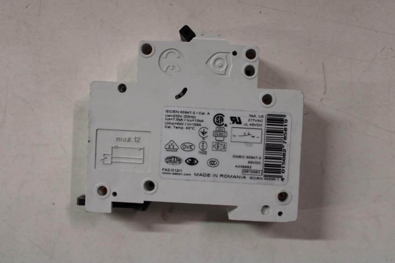 Eaton FAZ-D12/1 277/480 VAC 50/60 Hz, 12 A, 1-Pole, 10 kA, 10 to 20 x Rated Current, Line/Load Terminal, DIN Rail Mount, Standard Packaging, D-Curve, Current Limiting, Thermal Magnetic, Supplementary Protector FAZ-D12/1 on Advantage Electric Supply