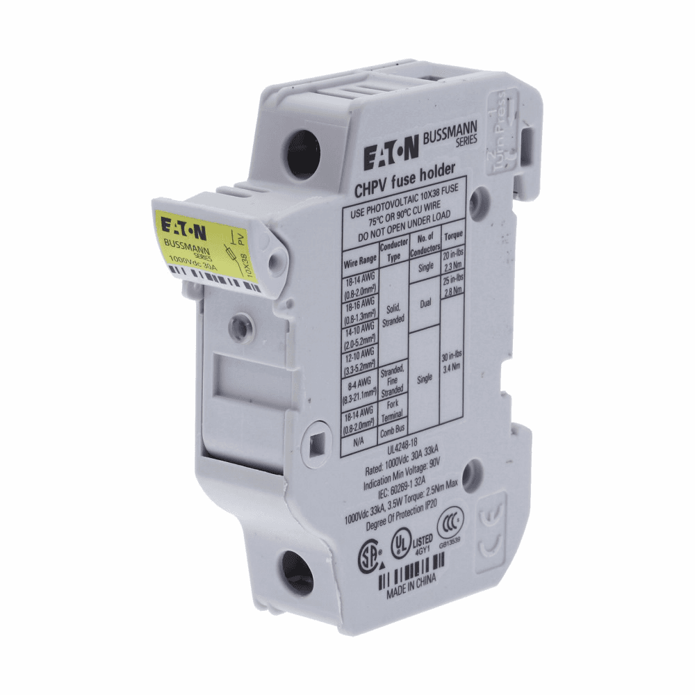 Cooper Bussmann CHPV1IU CHPV1IU Cooper Bussmann - Eaton Bussmann series CHPV photovoltaic fuse block|Eaton Bussmann series Photovoltiac Fuse Holder, 1000 Vdc, 30A, Modular, Single-pole - CHPV1IU CHPV1IU on Advantage Electric Supply