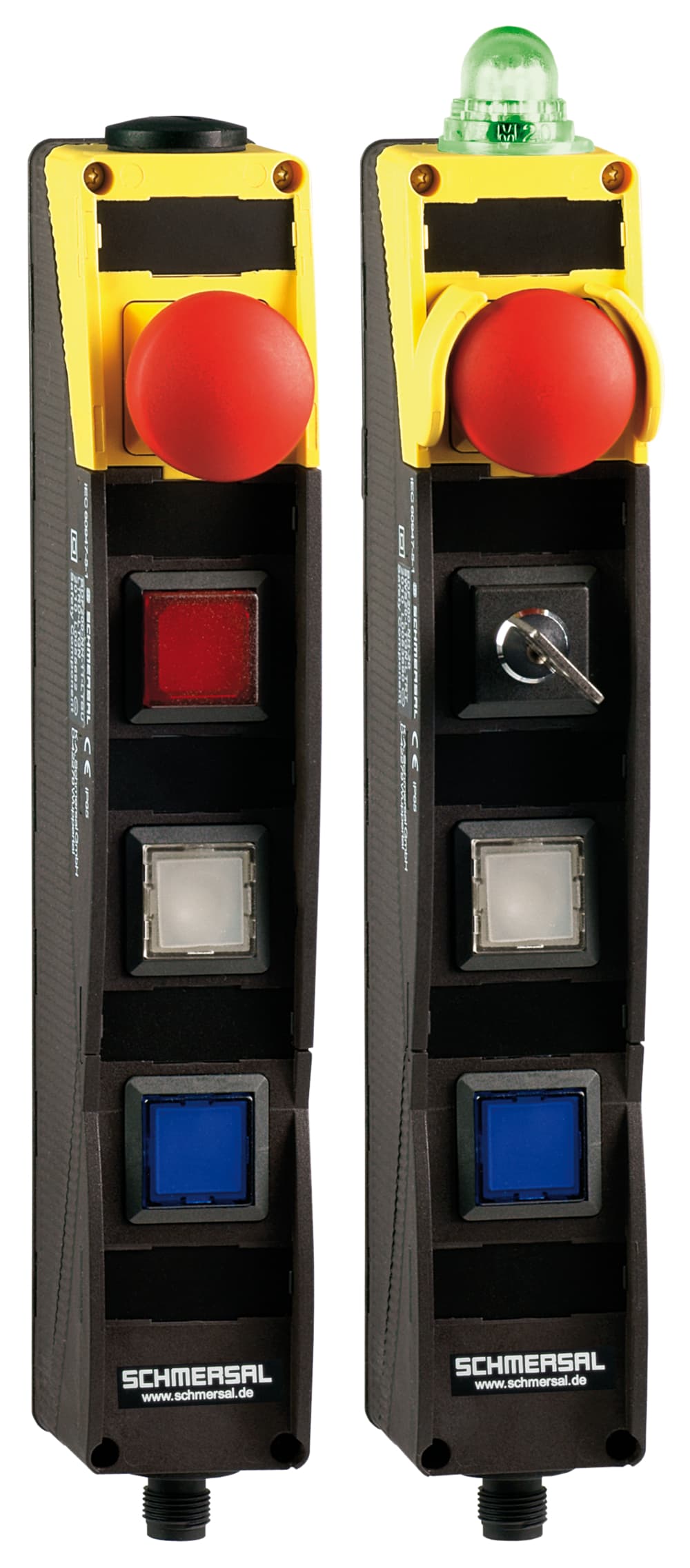 Schmersal BDF200-ST1-AS-NH-LT-LT-LT-G24-2875 AS interface safety at work; Safety switchgear; with connector plug M12 bottom; Integrated AS-Interface; Pos 1: E-STOP; Pos 2: illuminated pushbutton 2875 with changeable colors; Pos 3: illuminated pushbutton 2875 with changeable colors; Pos 4: illuminate BDF200-ST1-AS-NH-LT-LT-LT-G24-2875 on Advantage Electric Supply