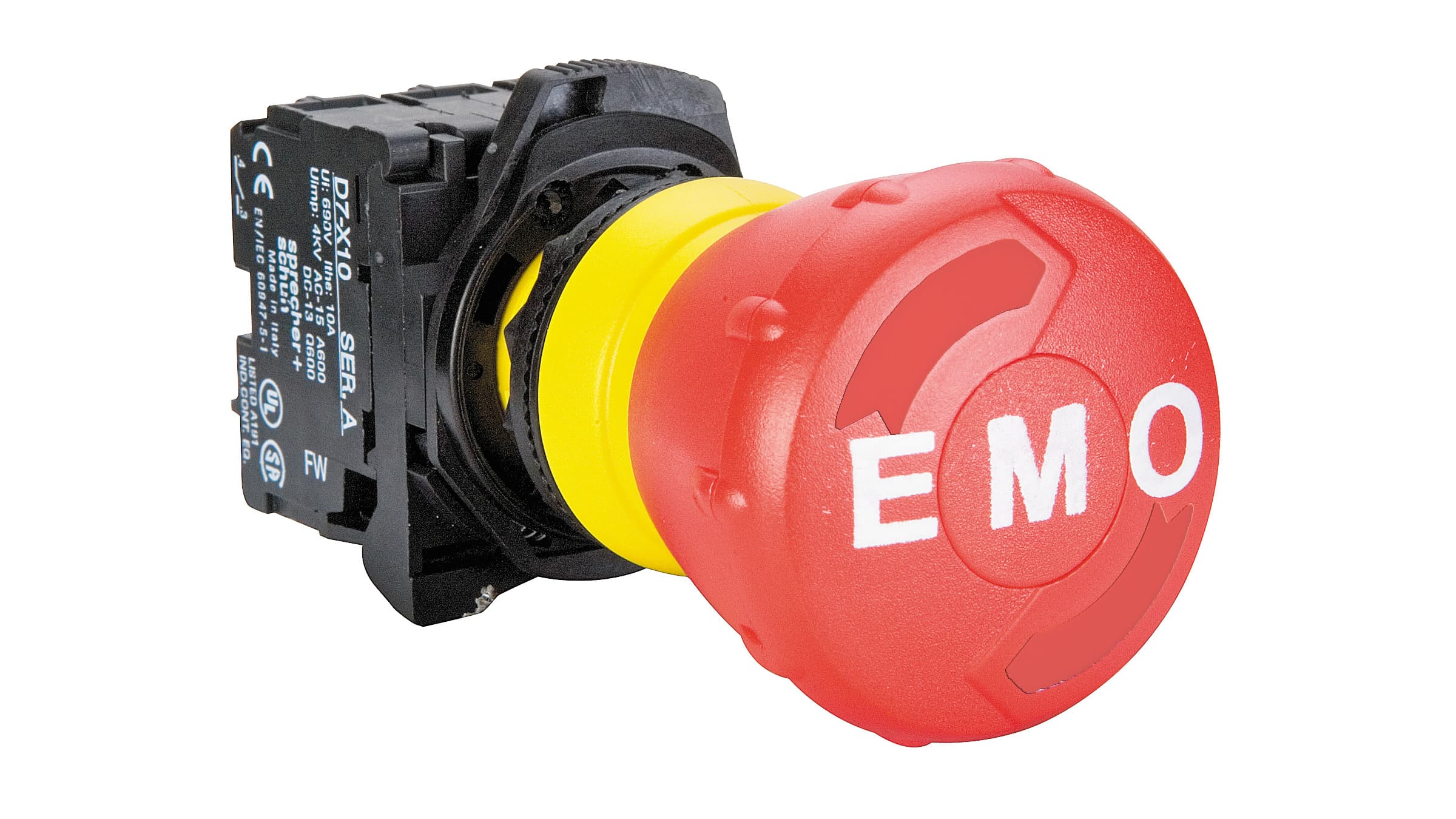Sprecher + Schuh D7P-MT44EPX01 Sprecher + Schuh D7P-MT44EPX01 - D7 22mm Emergency Stop, Non-Illuminated, Plastic, Twist-to-Release 40mm Non-Keyed, Red/Yellow EMO, Plastic Latch, 1NC Standard, UL Type 4/4X/13, IP66 D7P-MT44EPX01 on Advantage Electric Supply