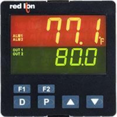Red Lion PXU31DE0 Red Lion PXU31DE0 is a digital temperature/process PID controller designed for flush mounting and operates within an ambient air temperature range of 0 to +50°C. It features a 4-20mA control analog output and a secondary relay control output, housed in a 1/4 DIN (96x96mm) form factor with 22mm orange and 14mm green digits for display. This part of the PXU PID controllers series offers an IP65 NEMA 4X degree of protection and requires a 24Vdc supply voltage. It supports a 10Hz analog input sampling rate and communicates via RS-485 protocol. The controller includes 1 digital output (contact type) for secondary control, 2 analog inputs supporting various signal types including thermocouples (T, E, J, K, R, S, B, N, L, U, TXK) and RTD, with a 100ms sample period and 0.1 to 1° accuracy, plus a remote setpoint input. It also features heater current monitoring for protection, 1 digital user input, and 1 analog output (4-20mA) for main control output. PXU31DE0 on Advantage Electric Supply