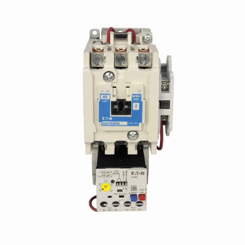 Eaton AN19GN0E5G045 Eaton Freedom NEMA motor control starter,NEMA Non-reversing Freedom Series starter,With C440 EOLR Ground fault feature set,SEL Reset,SEL Class (10,20),208V/60 Hz coil voltage,Horizontal mount,45A,9-45A fla range,Size 2 AN19GN0E5G045 on Advantage Electric Supply