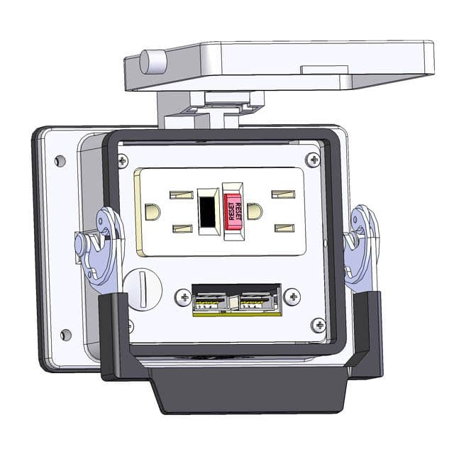 Mencom GF-USB-NR-32 Panel Interface Connector with GFCI Duplex outlet, 2 x USB, in a 32 housing GF-USB-NR-32 on Advantage Electric Supply