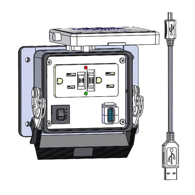 Mencom GF-USB-AFMM-06-R-32 Panel Interface Connector with GFCI Duplex outlet, Form A USB to Form A USB, 6 inch USB Mini to USB-A Cable, and 3amp Resert, in a 32 housing GF-USB-AFMM-06-R-32 on Advantage Electric Supply