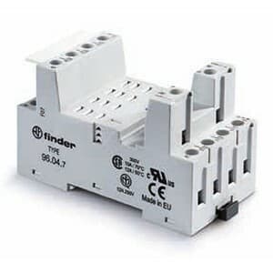 Finder 96.04.7SMA Finder 96.04.7SMA is a socket designed for DIN rail mounting with a box-clamp connection type. It supports a rated current of 10A and adheres to the IP20 standard for protection. The control voltage operates on AC power, and it is compliant with EN61984 standards for output voltage (DC). The product is presented in white. 96.04.7SMA on Advantage Electric Supply