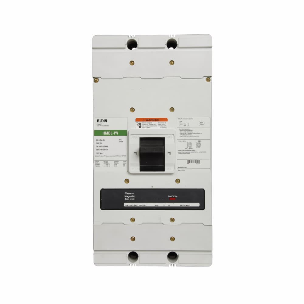 Eaton MDLPV3300W MDLPV3300W Eaton - Eaton Series C DC/PvGard complete molded case circuit breaker, MDL-frame, MDL, Complete breaker, Fixed thermal, fixed magnetic trip type, Three-pole, 300A, 1000 Vdc, 7.5 kAIC at 1000 Vdc, Without terminals, Photo voltaic, 80% rated MDLPV3300W on Advantage Electric Supply